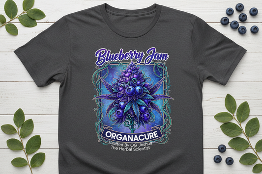 Create a beautiful cannabis flower in bloom and name it Blueberry Jam on a t shirt with brand name ORGANACURE Crafted By OG Joshua The Herbal Scientist
