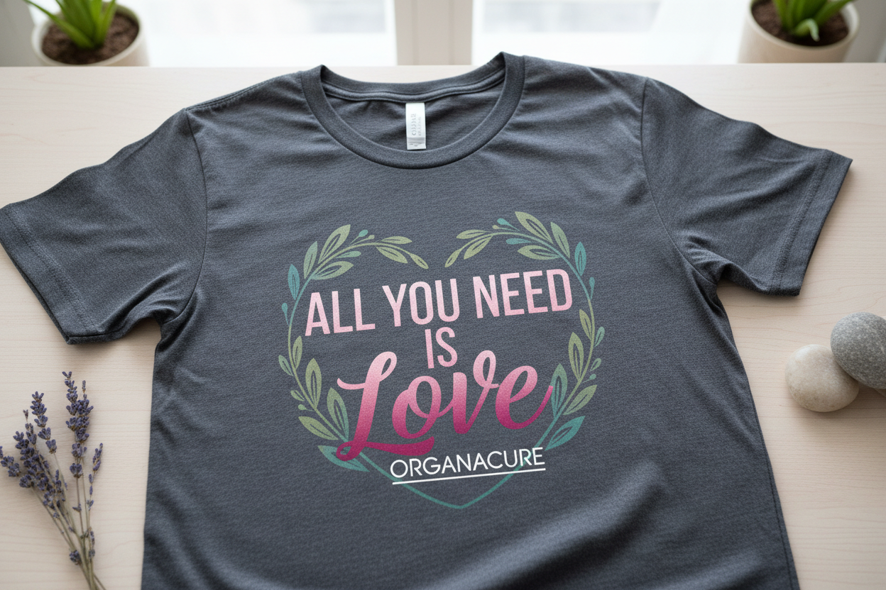 Create a cool shirt people will buy that says all you need is love with ORGANACURE brand name on it also