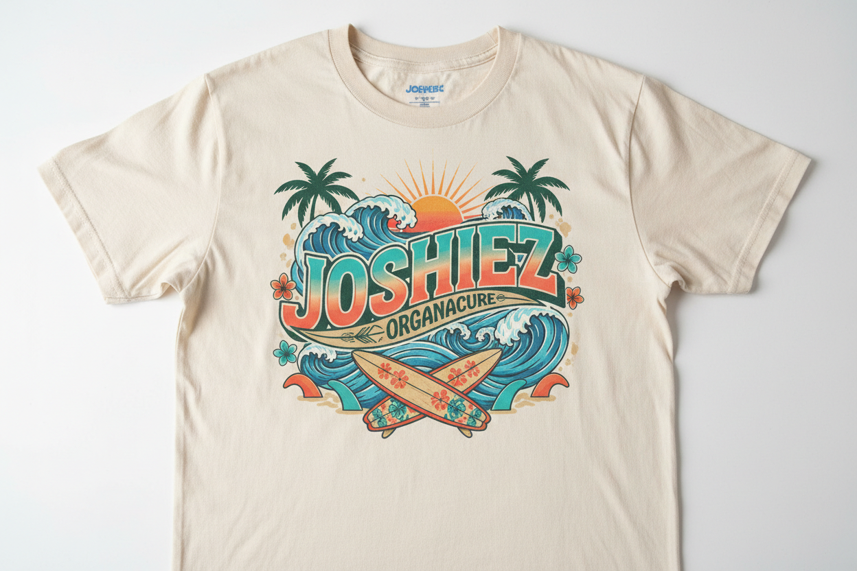 Create a cool surfer t shirt that says JOSHIEZ and has ORGANACURE brand name on it