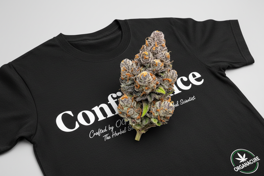 Create a extremely resinous cannabis flower on a T-shirt that says Confidence  and is crafted by OG Joshua The Herbal Scientist and branded by ORGANACURE