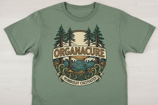 Create a Humboldt COUNTY style cool T-shirt with ORGANACURE brand name logo on it