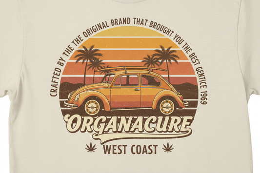 Create a really cool California cannabis brand T-shirt that says crafted by the original brand that brought you the best genetics since 1969 ORGANACURE and have a oval window VW beetle car in it