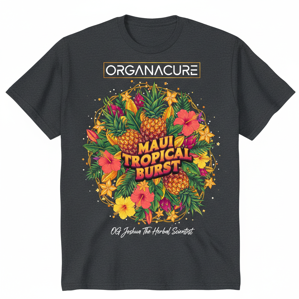 Create a really cool cannabis strain specific  T-shirt that highlights the tastiest cannabis strain ever and is called Maui Tropical Burst branded by ORGANACURE and OG Joshua The Herbal Scientist