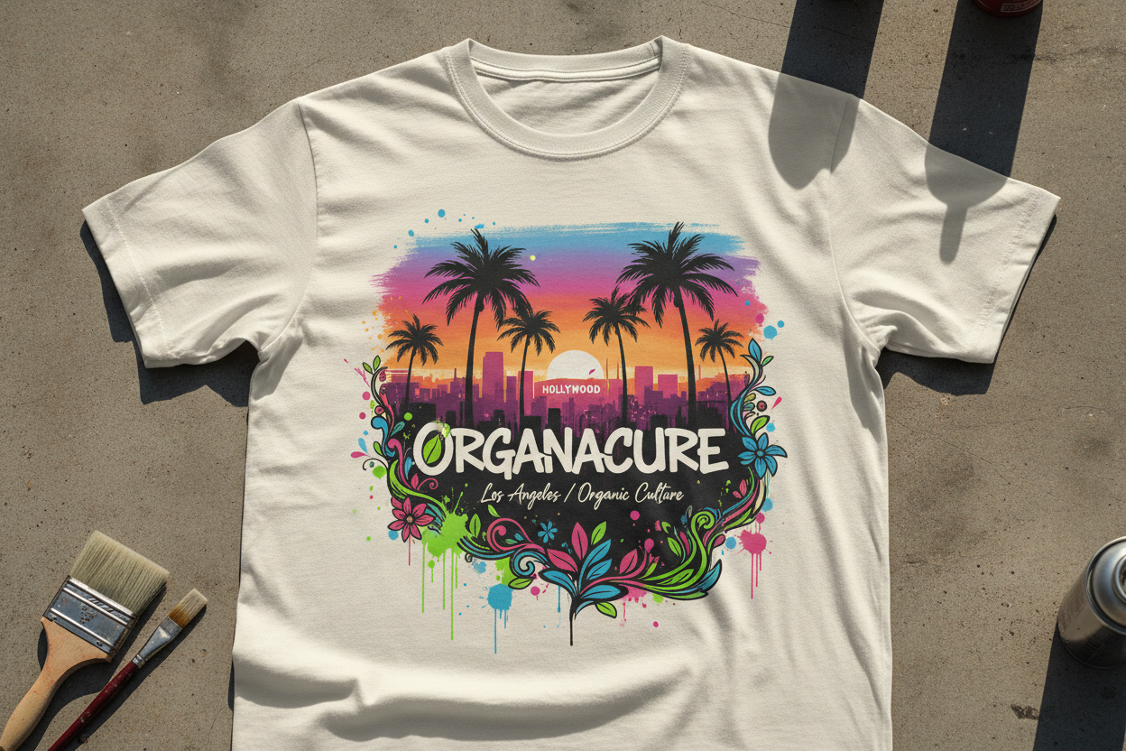 Create a really cool Los Angeles artist type T-shirt with an ORGANACURE brand logo on it