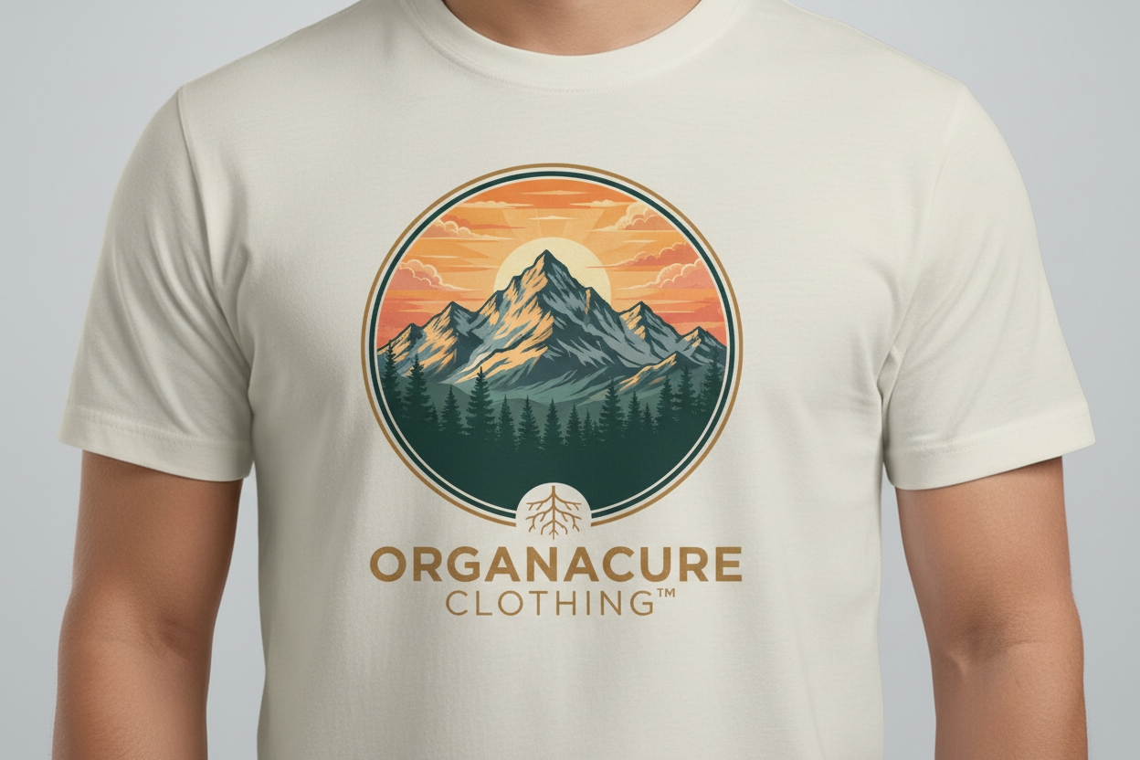 Create a really cool organic trademark logo T-shirt with some mountain scenery that’s inspirational for somebody to buy it