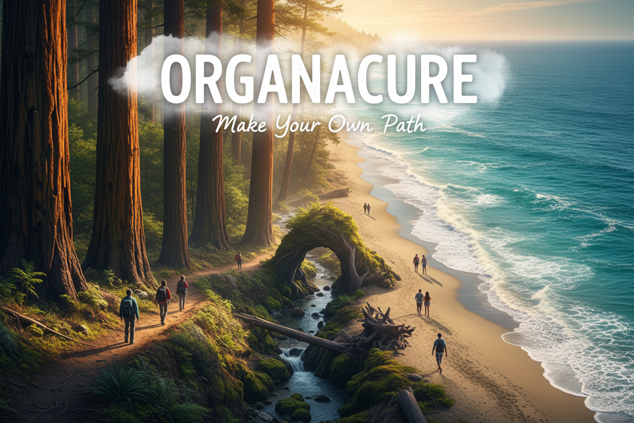 Create a really cool picture that says ORGANACURE Make Your Own Path with redwoods and ocean in the background and people walking on trails and sand near beach