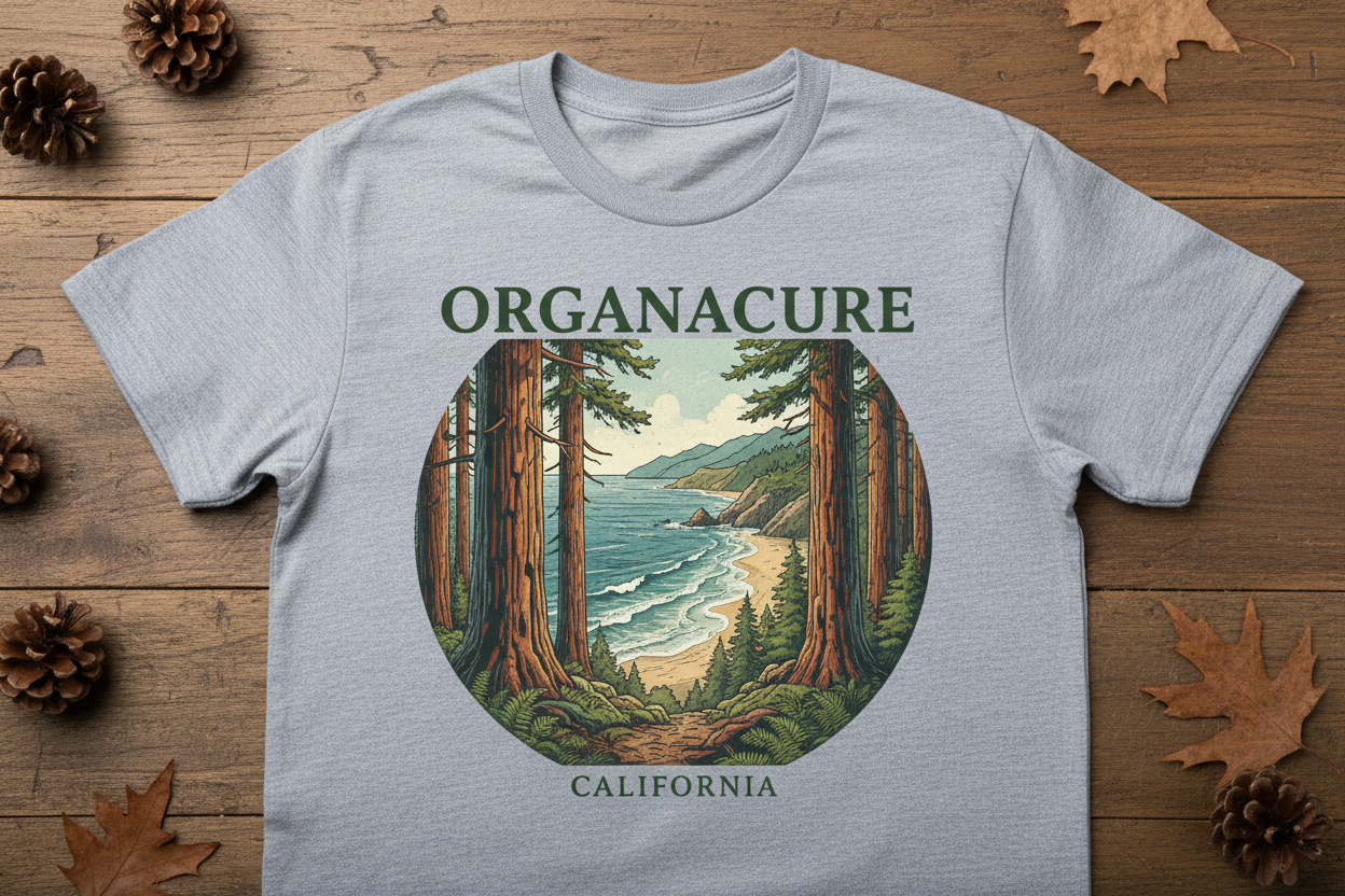 Create a really cool T-shirt that has redwoods and ocean in the background and then it has a branding by ORGANACURE 