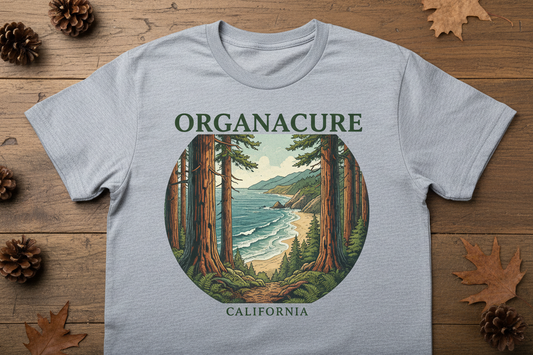 Create a really cool T-shirt that has redwoods and ocean in the background and then it has a branding by ORGANACURE 