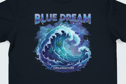 Create a T-shirt that says blue dream, and has a picture of something that has to do with the ocean, a dream and cannabis for the strain with ORGANACURE brand logo