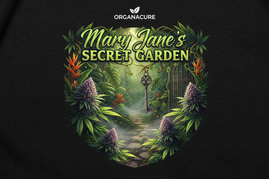 Make a really cool T-shirt with cannabis flowers in a garden setting and call it Mary Jane’s Secret Garden With an ORGANACURE logo on it also